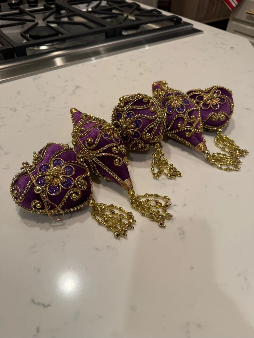 Jeweled Purple/Gold Velvet Beaded Christmas Ornaments Tassel Victorian Holiday